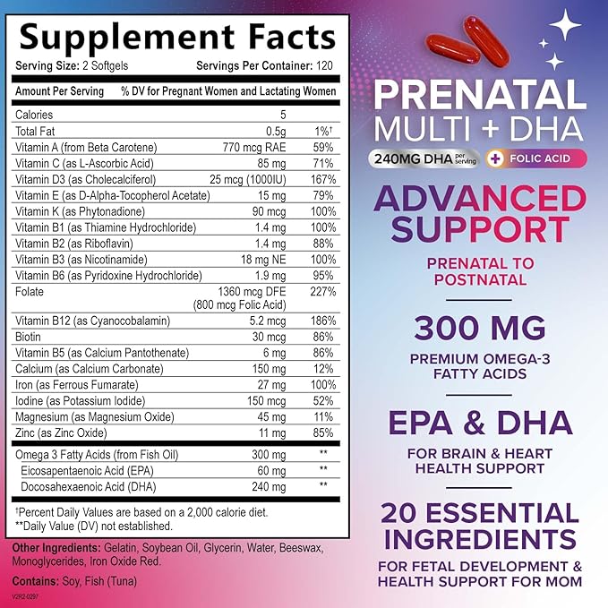 Prenatal Vitamins for Women with Folate & DHA, Prenatal Multivitamin Supports Brain Development with Folic Acid, Omega 3, Vitamin A, C, D, B6, B12 & Iron, Pregnancy Supplement, Non-GMO - 240 Softgels