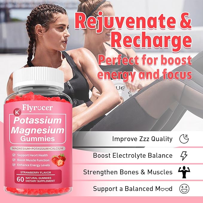 Potassium Magnesium Gummies for Men & Women, Potassium Magnesium Supplement for Leg Cramps, Muscle Health, & Electrolyte Balance, Strawberry Flavor, 60 Gummies