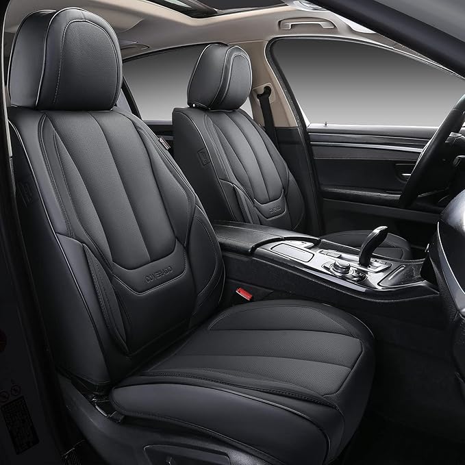 Coverado Seat Covers Full Set, Black Seat Covers for Cars 5 Seats, Car Seat Protector, Waterproof Nappa Leather Car Seat Cushion, Front and Rear Car Seat Cover Fit for Most Sedans SUV Pick-up Truck