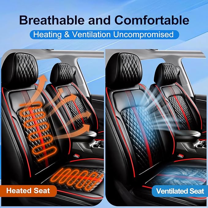 Fit Prologue Car Seat Covers (Front Pair) for Select Honda Prologue 2024-2026 - Premium Full Coverage Leather, Airbag Compatible, Waterproof & All Weather Seat Cushion Protector, Red Trim