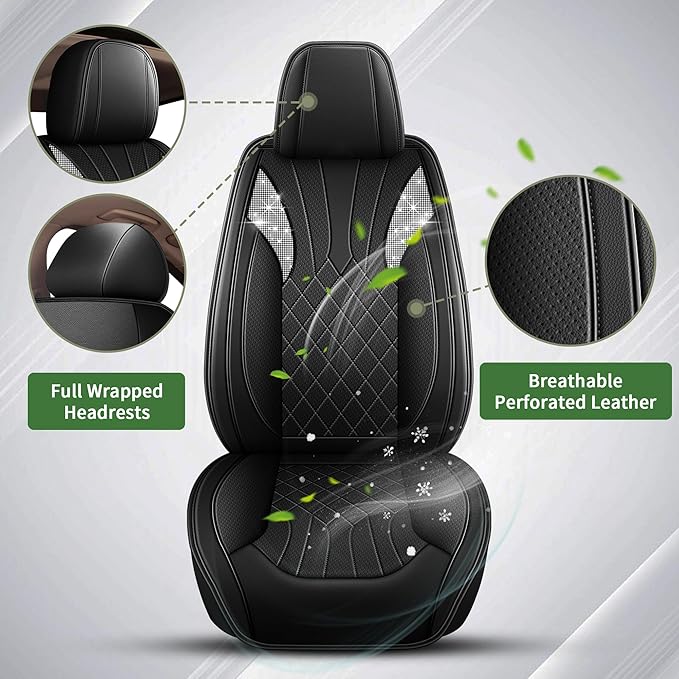 Bling Diamond Embroidered Seat Covers for Nissan Rogue 2010-2025 2026, Full Set 5 Seats, Sparkle Rhinestone Breathable Perforated Faux Leather Car Seat Covers for Women (Black)