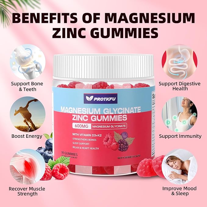 Magnesium Glycinate Gummies 600MG w/Zinc - 90 Ct | Sugar Free High Absorption Zinc Magnesium Glycinate Supplement w/Vitamin D3 & K2, Supports Bone Health, Nerve & Immune Function