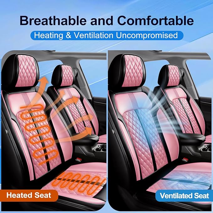 Fit Ridgeline Car Seat Covers for Select Honda Ridgeline 2007-2026 - Premium Full Coverage Leather, Airbag Compatible, Waterproof & All Weather Seat Cushion Protector, Front Pair Black+Pink