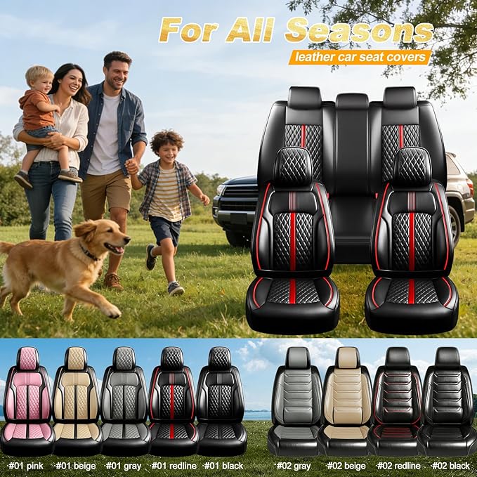 Fit Civic Car Seat Covers (5 Seats) for Select Honda Civic 2020-2026 Sedan (Not for Coupe), Full Coverage Leather, Waterproof All-Weather Breathable Seat Cushion Protector (Full Set, Red Trim)