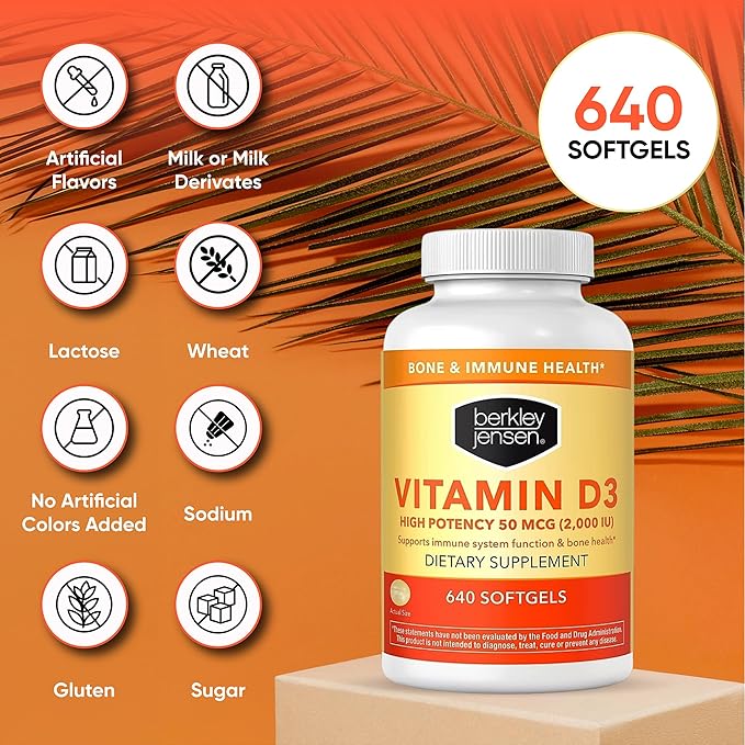 Berkley Jensen High Potency Vitamin D3 2000IU (50 mcg) (640 Softgels), Dietary Supplement for Teeth, Muscle, Immune Function, and Bone Health, for Men and Women, Made in USA, 640 Day Supply