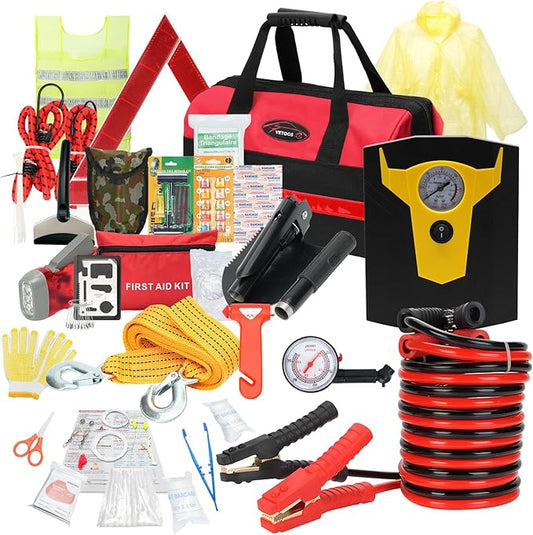 Vetoos Car Roadside Emergency Kit with Jumper Cables, Auto Road Side Safety Kit for Vehicles - with Premium Carry Bag, Portable Air Compressor