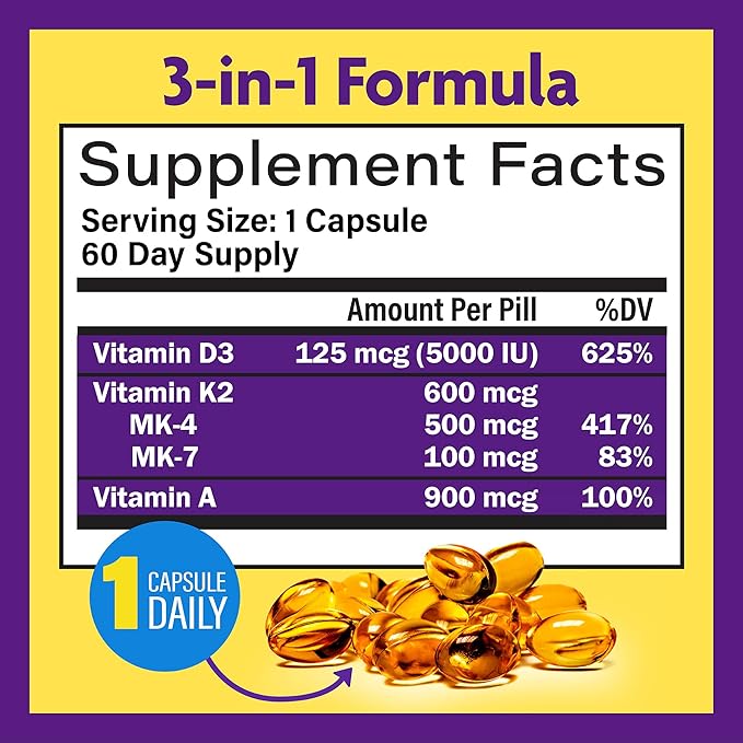 InnovixLabs Vitamin D3 K2-5000 IU Vitamin D3 Plus 600 mcg Vitamin K2 MK4 and MK7 for Max Calcium Absorption, Supports Bone, Immune, Heart Health, 3rd Party Tested, Gluten Free, 60 Softgels