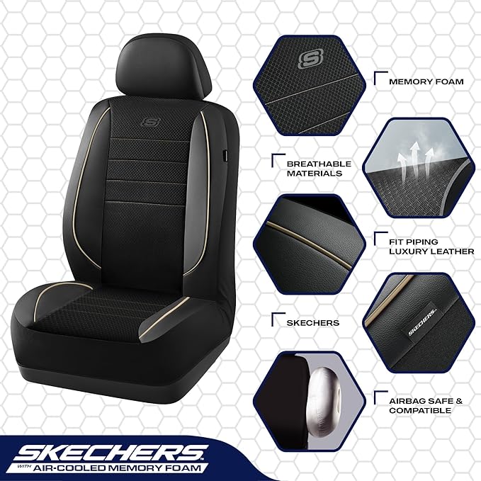 Skechers Air-Cooled Memory Foam Seat Cover, Mesh Thick Car Seat Covers,Piping Leather Car Seat Covers Front Seats, Airbag Compatible, Automotive Comfort for Most Cars, Vans, Trucks, SUV, Beige