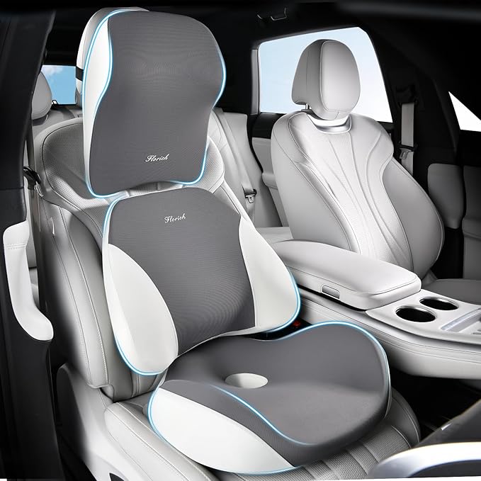 FLORICH Car Seat Cushion & Lumbar Support Pillow & Car Neck Pillow Ergonomic and 100% Memory Foam, Upgraded Larger and Breathable Car Seat Cushion & Back Support Pillow - Gray