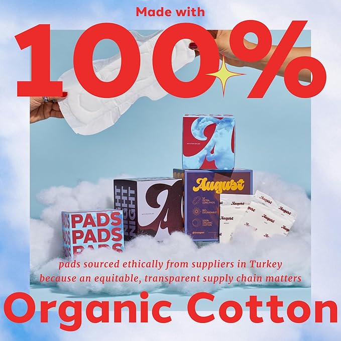 August Menstrual Organic Cover Pads for Women, Super Absorbency, 16 HSA FSA Eligible Organic Cotton Super Pads, Compostable Wrappers, Fragrance Free, Organic Sanitary Napkins with Wings