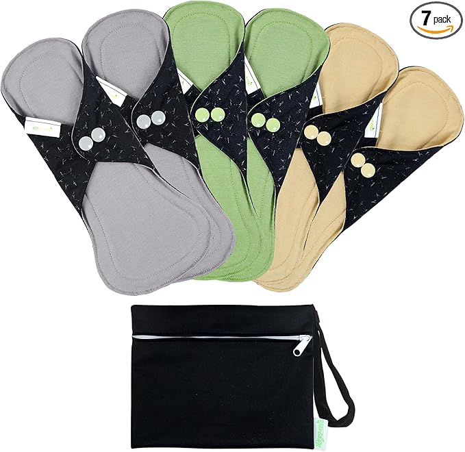 wegreeco 6 Pc Reusable Menstrual Pads, Ultra Absorbent Cloth Pads for Period, Sanitary for Teens, Women, Nonslip Panty Liners + Bag (Mustard Yellow, Grey, Beige, XL)