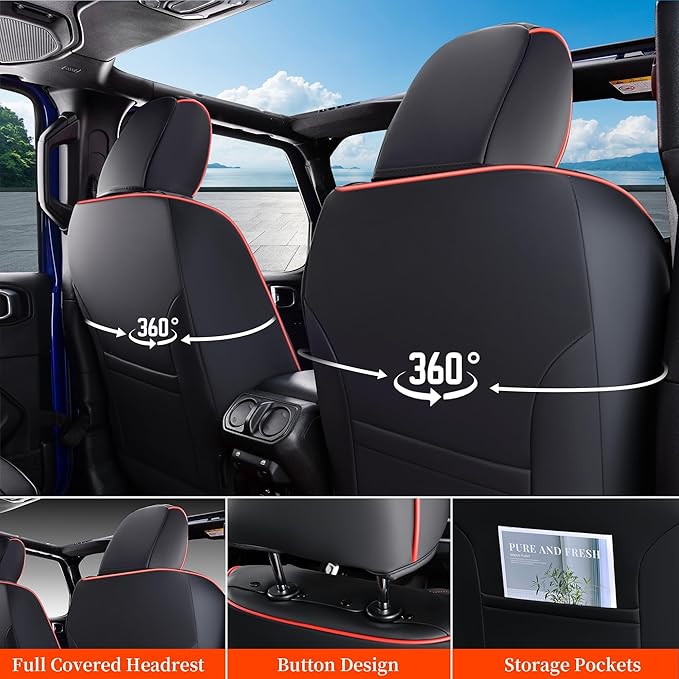 Coverado Seat Covers Full Set for Jeep Wrangler, Waterproof Car Seat Covers for Automotive Truck Seat Covers Custom Fit for 2013-2017 Jeep Wrangler JK Seat Covers for Cars 2 Door(Red Line)