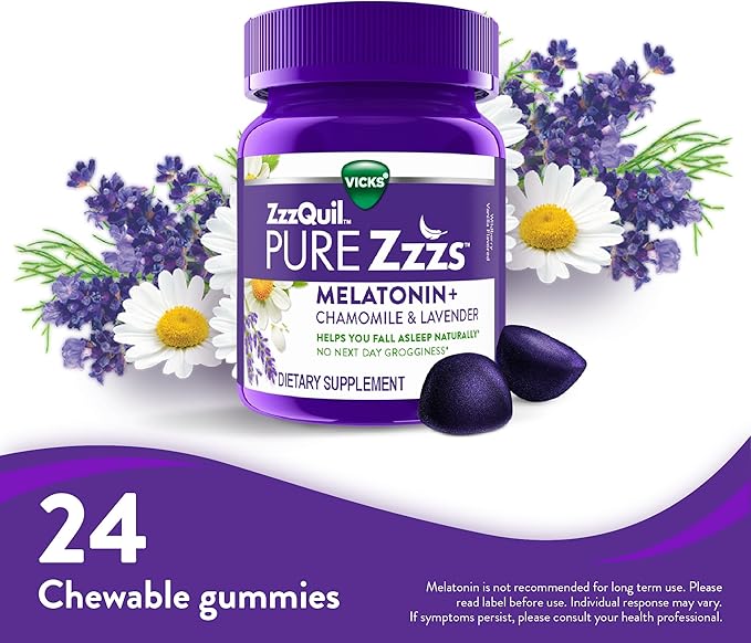 ZzzQuil Pure Zzzs, Melatonin Sleep Aid Gummies with Lavender, Valerian Root and Chamomile, Natural Wildberry Vanilla Flavor, Non-Habit Forming, Drug-Free, 24 Gummies (Pack of 4)
