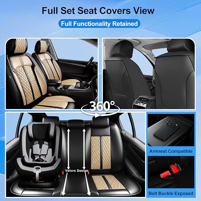 Fit Prologue Car Seat Covers for Select Honda Prologue 2024-2026 - Premium Full Coverage Leather, Airbag Compatible, Waterproof & All Weather Seat Cushion Protector, Full Set, Black+Beige