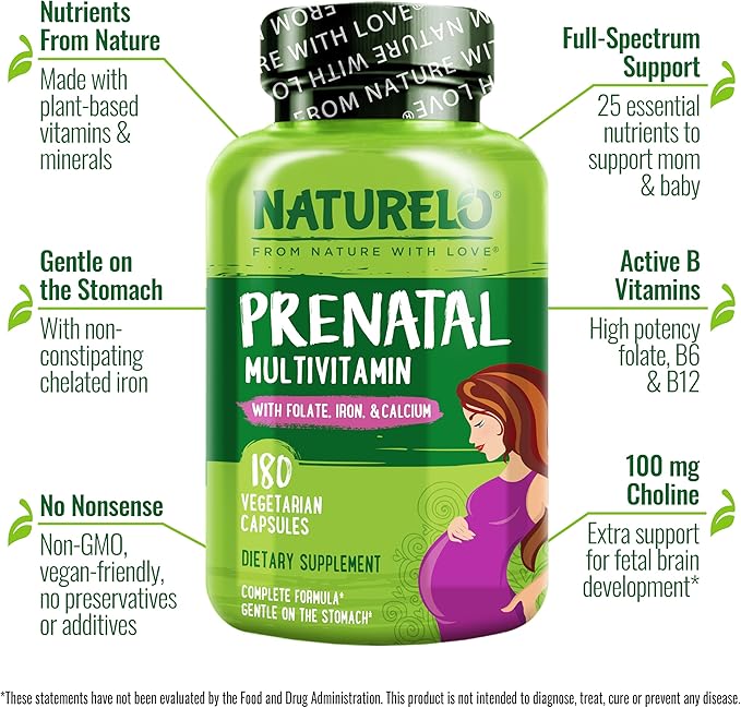 NATURELO Prenatal Multivitamin with Gentle Chelated Iron, Methyl Folate, Plant Calcium & Choline - Vegan, Vegetarian - Non-GMO - Gluten Free - 180 Capsules - 2 Month Supply