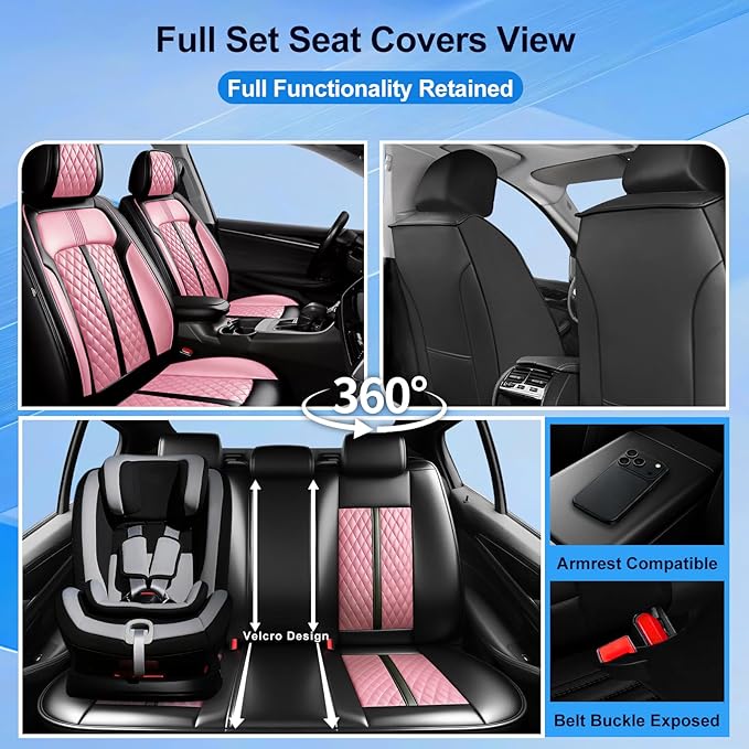 Fit RAV4 Car Seat Covers for Select Toyota RAV 4 2013-2026/RAV4 Hybrid - Premium Full Coverage Leather, Airbag Compatible, Waterproof & All Weather Seat Protector, Front Pair Black+Pink