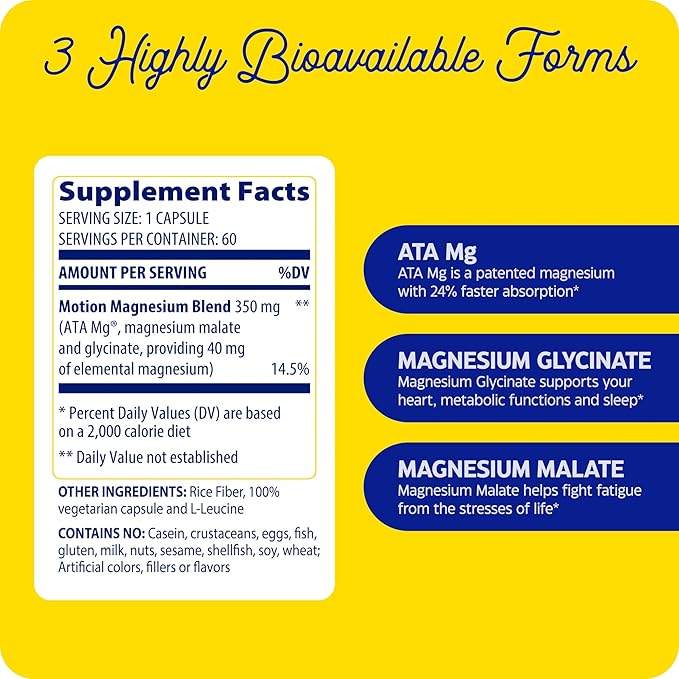 Enzymedica, Magnesium Motion with 3 Forms of Magnesium, ATA Mg, Glycinate, Malate, Soothes Occasional Aches, Supports Bones & Muscles, 60 Count