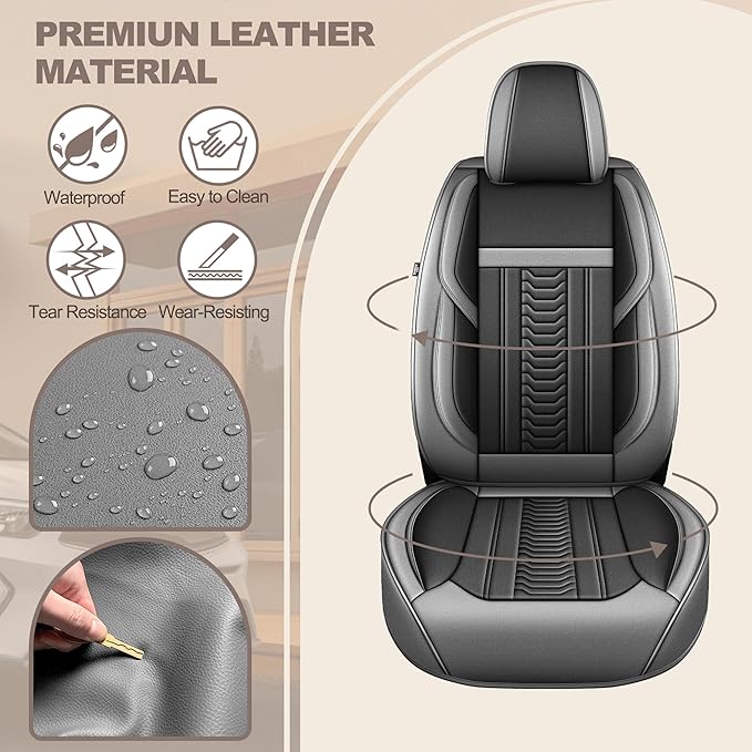 TTX LIGHTING for Hyundai Santa Fe 2007-2026 Seat Covers: Waterproof Leather Seat Protector with Airbag Compatible (2 Front Seats,Black&Gray)