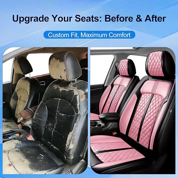 Fit Insight Car Seat Covers for Honda Insight 2010-2022 Premium Leather, Airbag Compatible, Scratch-Resistant, Waterproof All Weather Seat Protector, Airbag Compatible, Front Pair Black+Pink
