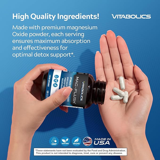 Mag Flush Magnesium Oxide Capsules 750mg 120 Vcaps - Oxygenated Magnesium Oxide Supplement for Constipation Relief, Colon Cleanse, Laxative and Digestion Support for Women and Men