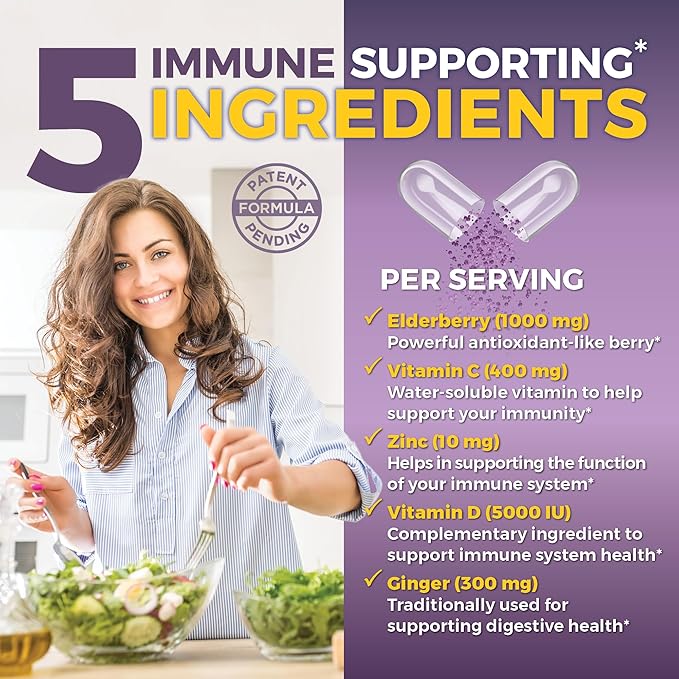 Viva Naturals Elderberry with Vitamin C and Zinc for Adults - 5 in 1 Sambucus Black Elderberry Capsules with Vitamin D3 5000 IU Immunity Supplement, Sambucus Elderberry Immune Support Supplement