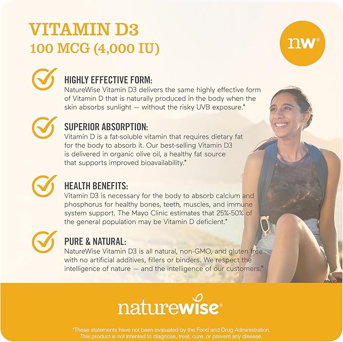 NatureWise Vitamin D3 4000iu (100 mcg) 1-Year Supply for Immune Support, Healthy Muscle Function, and Bone Health - Non-GMO, Gluten-Free in Organic Extra Virgin Olive Oil, (Mini Softgel), 360 Count