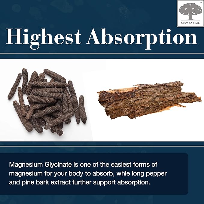 New Nordic Magnesium Glycinate, 220 mg Maximum Absorption Tablets with Pine Bark & Long Pepper, Gentle on Stomach for Women & Men, 30 Servings