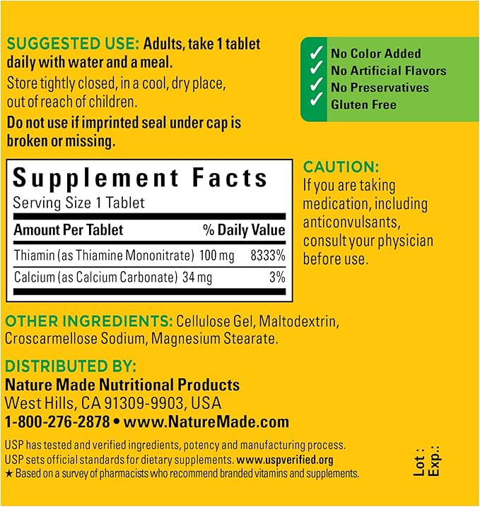 Nature Made Vitamin B1 100 mg, Dietary Supplement for Energy Metabolism Support, 100 Tablets, 100 Day Supply