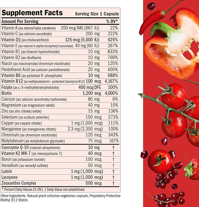ANDREW LESSMAN Essential-1 Multivitamin 5000 IU Vitamin D3 360 Small Capsules - 100 mcg Methyl B12. CoQ10 Lutein Lycopene Zeaxanthin. High Potency. No Additives. Ultra-Mild. One Daily Capsule