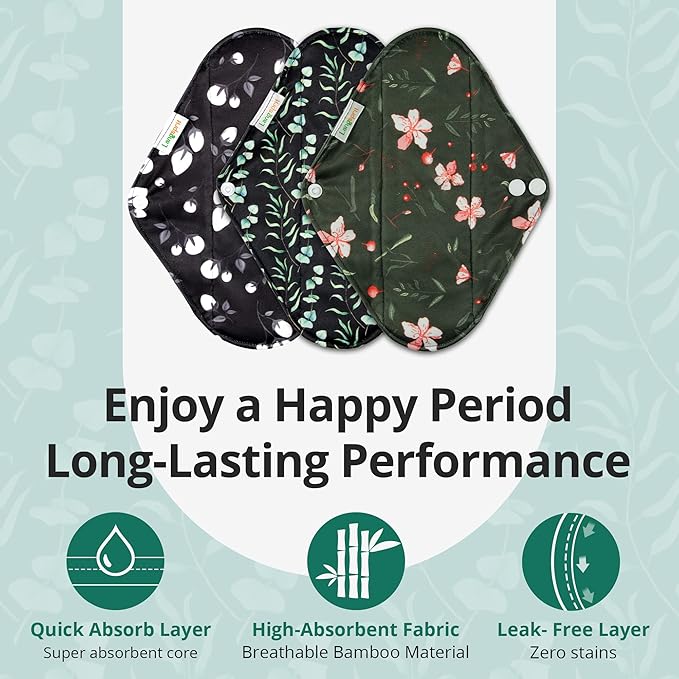 Langsprit Absorbent Reusable Menstrual Sanitary Pads/Washable Cloth Menstrual Period Pads,Reusable Panty Liners(Winter,L)