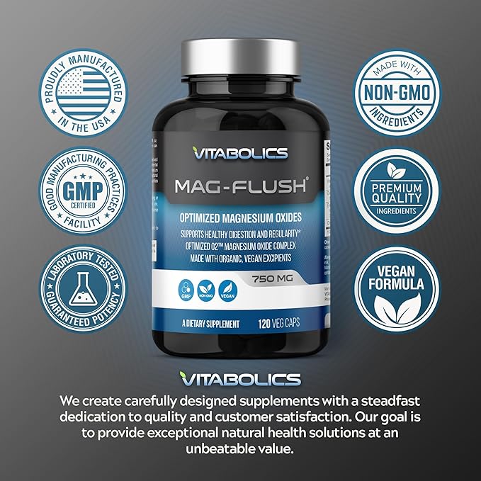 Mag Flush Magnesium Oxide Capsules 750mg 120 Vcaps - Oxygenated Magnesium Oxide Supplement for Constipation Relief, Colon Cleanse, Laxative and Digestion Support for Women and Men