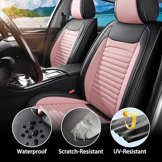 Car Seat Covers Full Set Fit for Toyota RAV4 2001-2025, Premium Faux Leather Car Seat Protector,Breathable Anti-Slip Full Wrapping Edge Seat Covers(Black&Pink,Full Set)