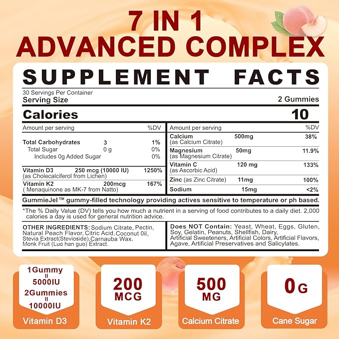 Vitamin D3 K2 Filled Gummies 5000IU / 10,000 IU with 500mg Calcium + K2(MK-7) 200mcg, Magnesium, Vitamin C & Zinc, Extra Strength - Ultimate Absorbency for Bones Muscles Teeth, Vegan -- Pack of 2