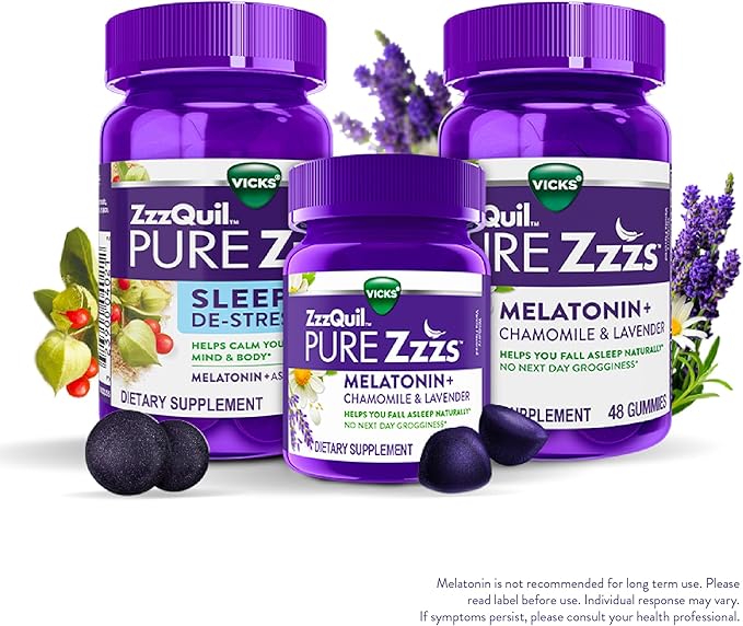 ZzzQuil Pure Zzzs, Melatonin Sleep Aid Gummies with Lavender, Valerian Root and Chamomile, Natural Wildberry Vanilla Flavor, Non-Habit Forming, Drug-Free, 24 Gummies (Pack of 4)