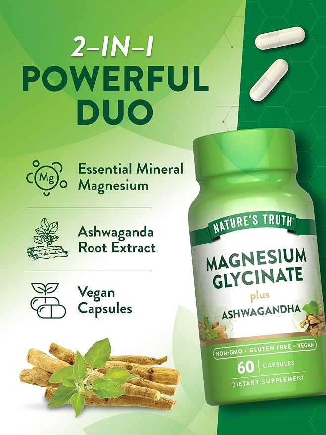 Nature's Truth Magnesium Glycinate with Ashwagandha | 60 Capsules | Vegan, Non-GMO & Gluten Free Supplement