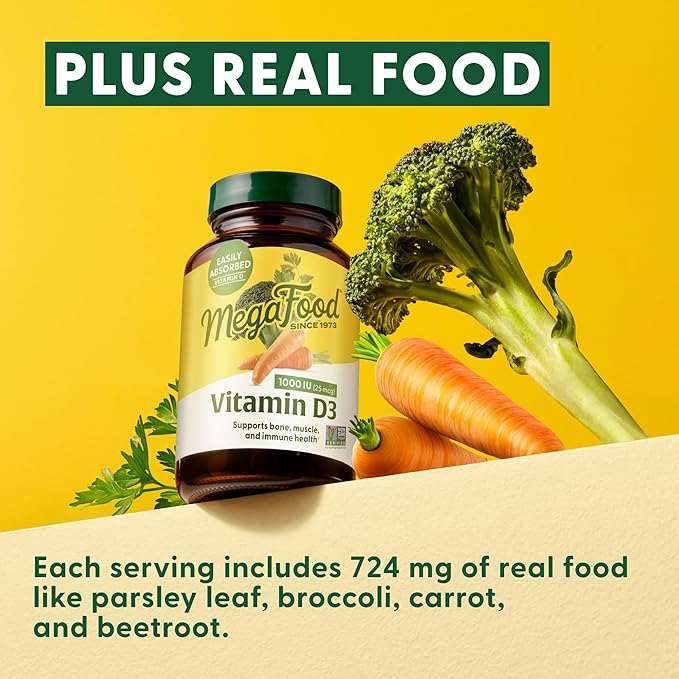 MegaFood Vitamin D3 1000 IU (25 mcg) - Vitamin D Supplements with Real Food, Immune Support, Supports Bones, Teeth & Muscles, Vegetarian, Gluten-Free, Non-GMO, Kosher – 60 Tablets, 60 Servings