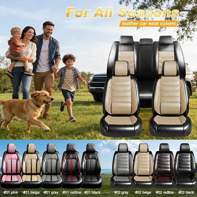 Fit HR-V Car Seat Covers for Honda HRV 2016-2025 2026 LX/EX/EXL/Sport - Full Coverage Leather, Airbag Compatible, Breathable Waterproof All Weather Seat Protector, Full Set, Black+Beige
