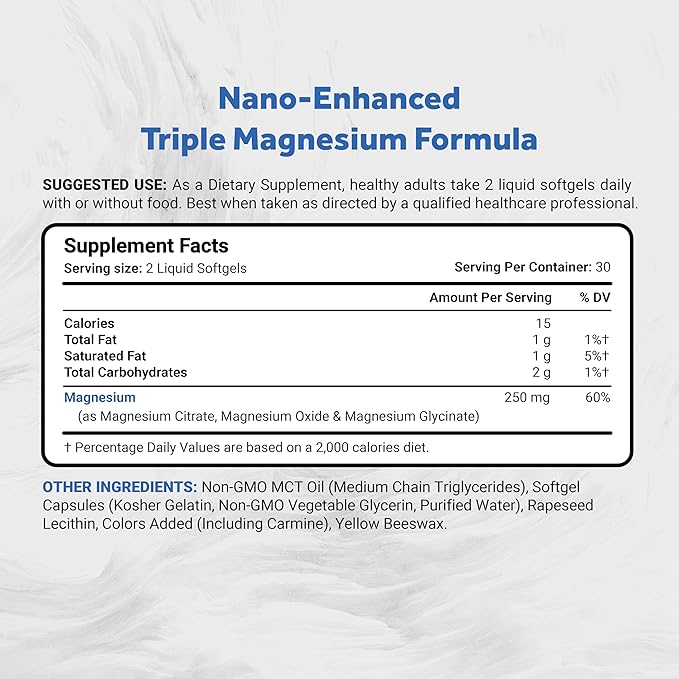 Triple Magnesium Complex | Vegan Magnesium Glycinate, Citrate & Oxide 250mg | Easily Absorbed Magnesium Supplement for Stress, Muscle, Heart, Bone Support | 60 Veggie Softgels