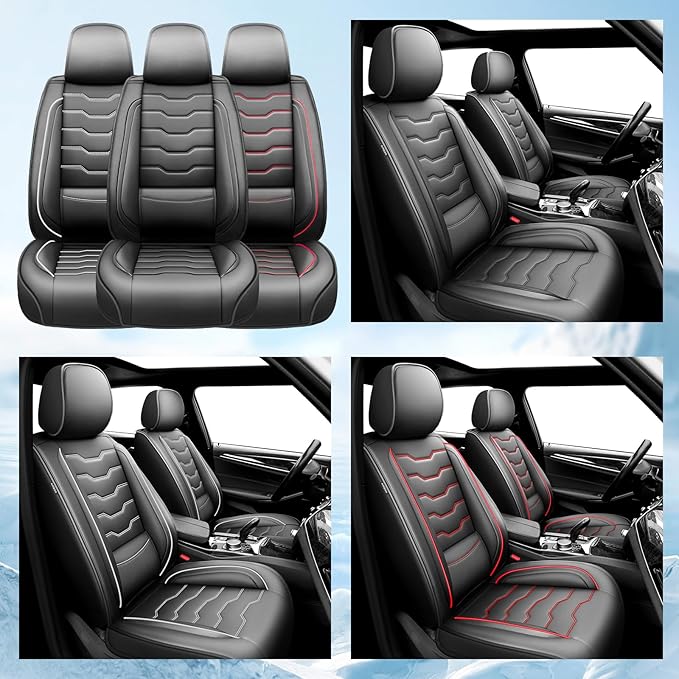 Fit Frontier Car Seat Covers Premium Leather for Nissan Frontier 2009-2025 2026. Waterproof， Breathable, Scratch-Resistant & All-Weather Seat Cushion Protector（Front Seat,White Line Black