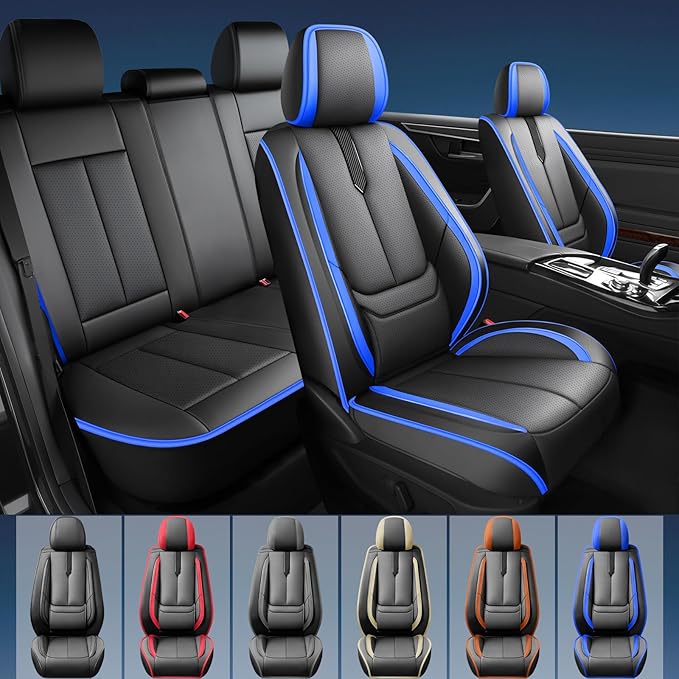 Fit Kona Car Seat Covers for Hyundai Kona 2018-2024 2025 2026 -Upgraded Premium Waterproof & Breathable Leather,Airbag Compatible,All-Weather Seat Cushion Protector,Full Set,Black-Blue