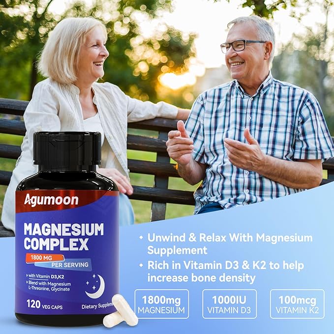 Magnesium Supplement with Vitamin D3 K2- Chelated Magnesium Complex 1800mg - Magnesium L-Threonine & Glycinate -120 Capsules