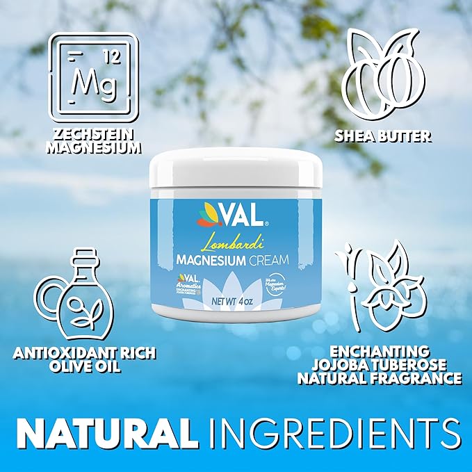 VAL Lombardi Magnesium Lotion | Nighttime Zechstein Magnesium Chloride Cream | Hydrating & Fast-Absorbing | Topical Magnesium for Feet, Legs, Arms & Chest | USA Made | 4oz | (Jojoba Tuberose)
