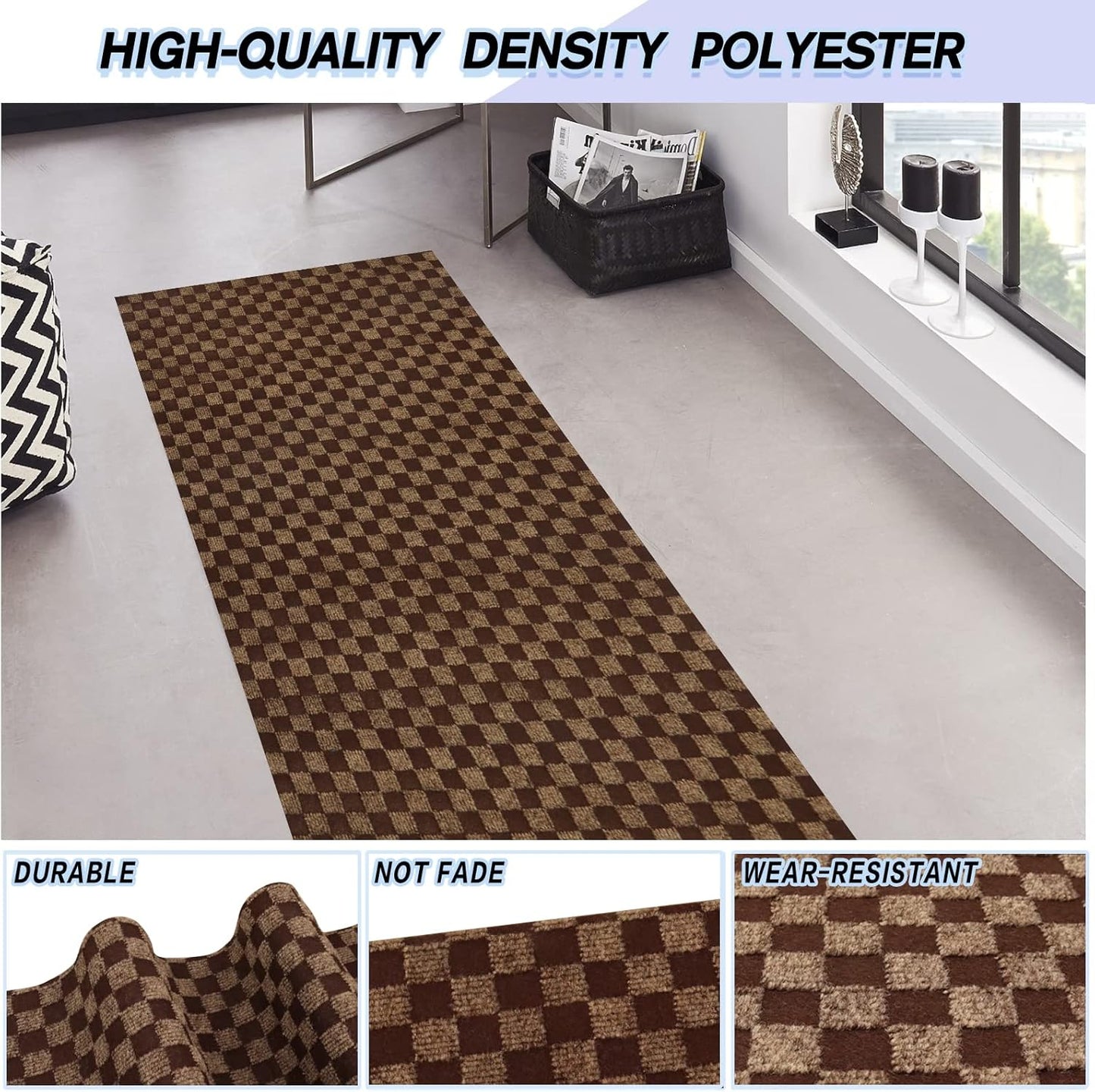 Custom Size Backed Non-Slip Area Rugs Runner, Easy Clean, Waterproof Runner Rugs for Hallway Entryway, Kitchen, Laundry, 4FT x 26FT, Brown Checkered
