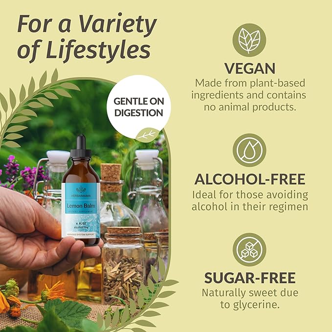 HERBAMAMA Herbal Liquid Drops Kit - Bundle of Lemon Balm 4 fl oz & Cat's Claw Tincture 2 fl oz - Vegan, Non-GMO, Sugar & Alcohol-Free - 2 Pack