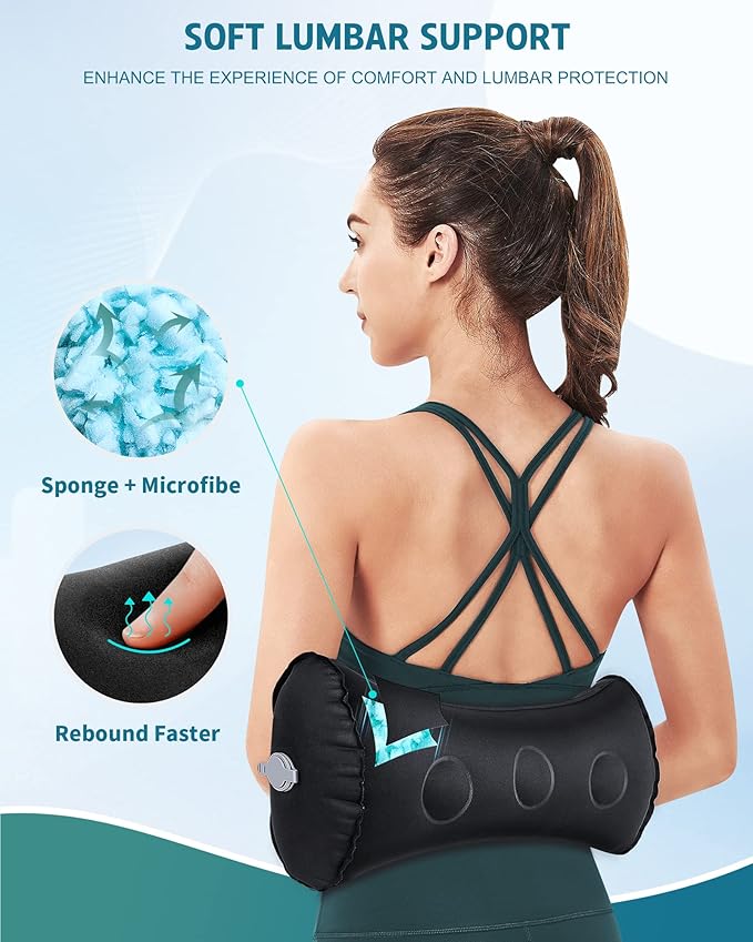 Inflatable Lumbar Pillow for Airplane Travel Lumbar Support Pillow for Car, Office Chair Back Support Office Chair Back Support for Reducing Lower Back Pain (Black)