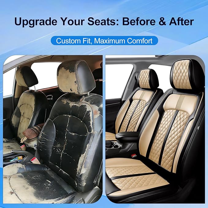 Fit RAV4 Car Seat Covers for Select Toyota RAV 4 2013-2026 /RAV4 Hybrid - Premium Full Coverage Leather, Waterproof & All Weather Seat Cushion Protector, Full Set, Black+Beige
