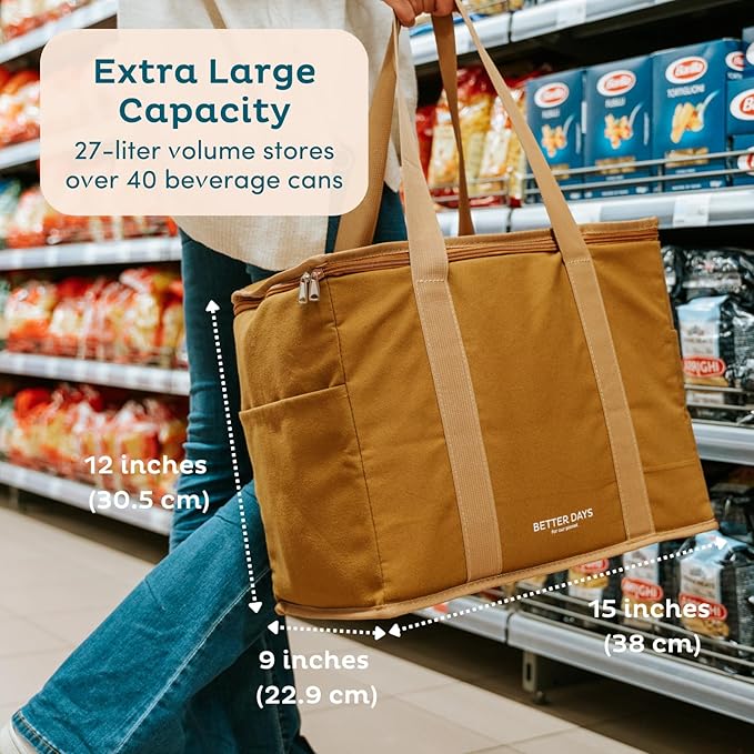 Nook Theory Reusable Insulated Grocery Bag - Leak Proof, X Large Cooler Bag - Insulated Shopping Bags for Groceries - Travel Cooler Bag for Frozen and Hot Food with Zippered Top (Caramel Cream)