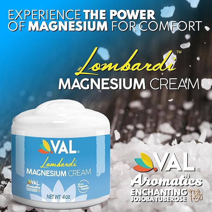 VAL Lombardi Magnesium Lotion | Nighttime Zechstein Magnesium Chloride Cream | Hydrating & Fast-Absorbing | Topical Magnesium for Feet, Legs, Arms & Chest | USA Made | 4oz | (Jojoba Tuberose)