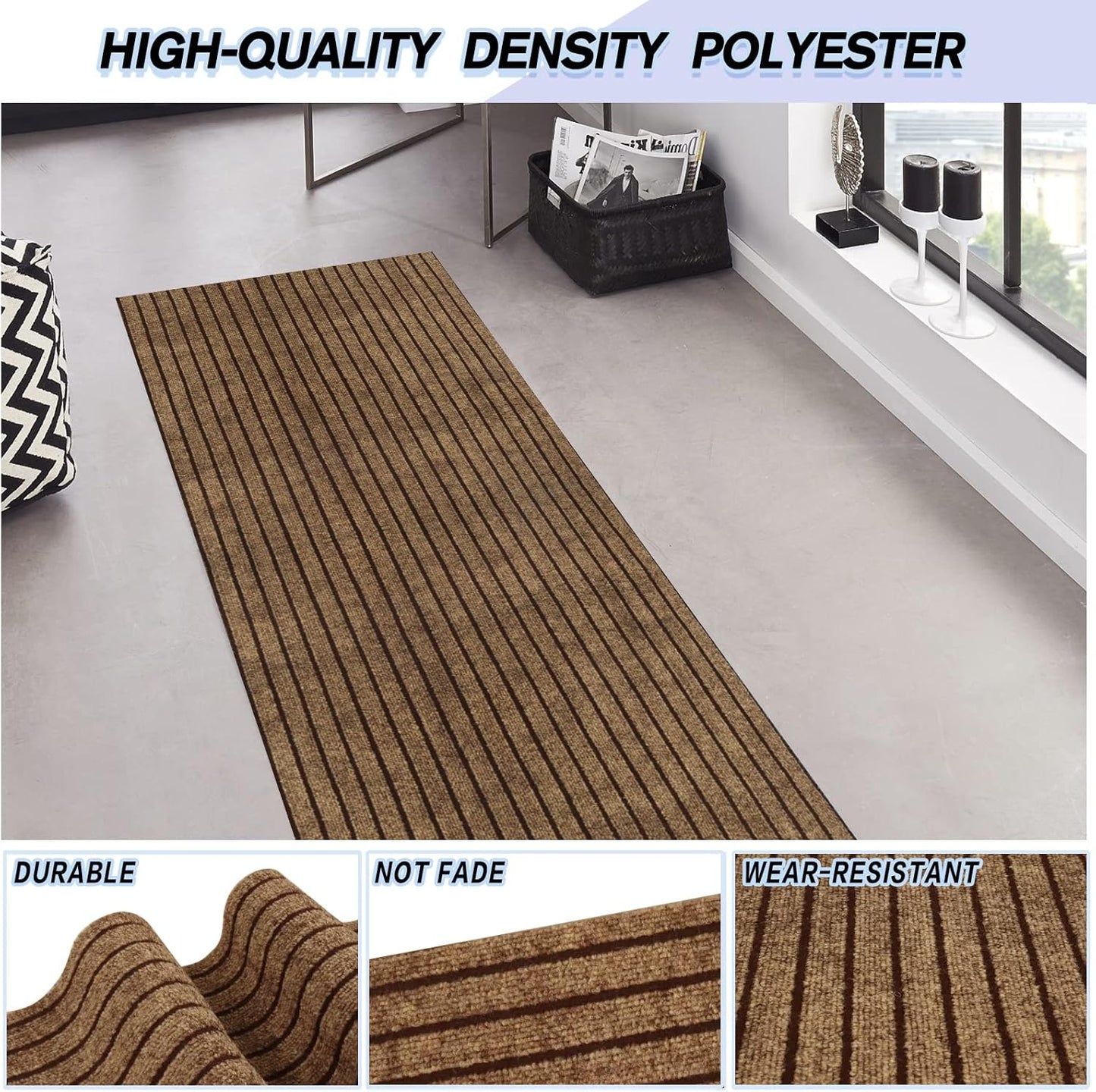 Custom Size Backed Non-Slip Area Rugs Runner, Easy Clean, Waterproof Runner Rugs for Hallway Entryway, Kitchen, Laundry, 2FT x 68FT, Brown Stripe