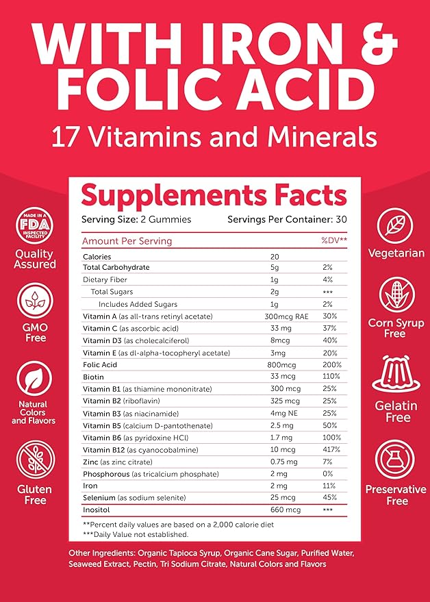 Lunakai USA Made Prenatal Vitamins with Iron & Folic Acid - Delicious Pregnancy Multivitamin Gummies for Women, 60 Count